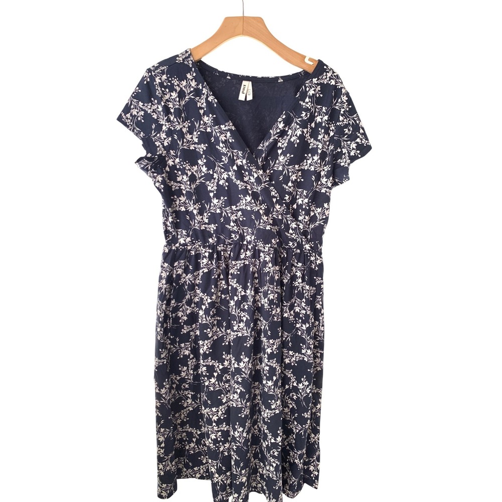 Pact Women Navy Blue Floral Organic Cotton Wrap Front Dress Large L Short Sleeve